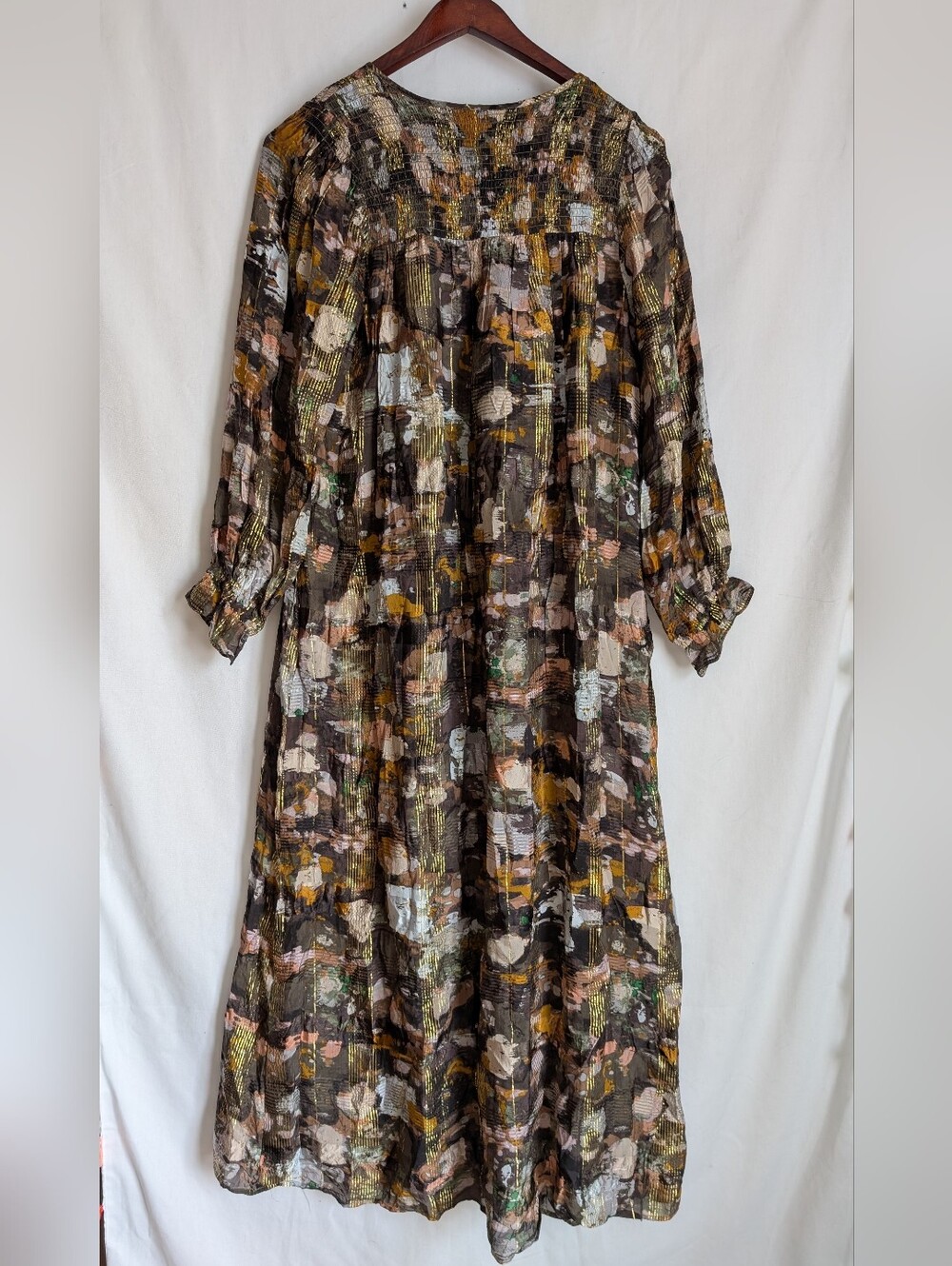 Anthropologie Blair Shimmer Maxi Dress L Gold Metallic Abstract Print Lined - Picture 5 of 14